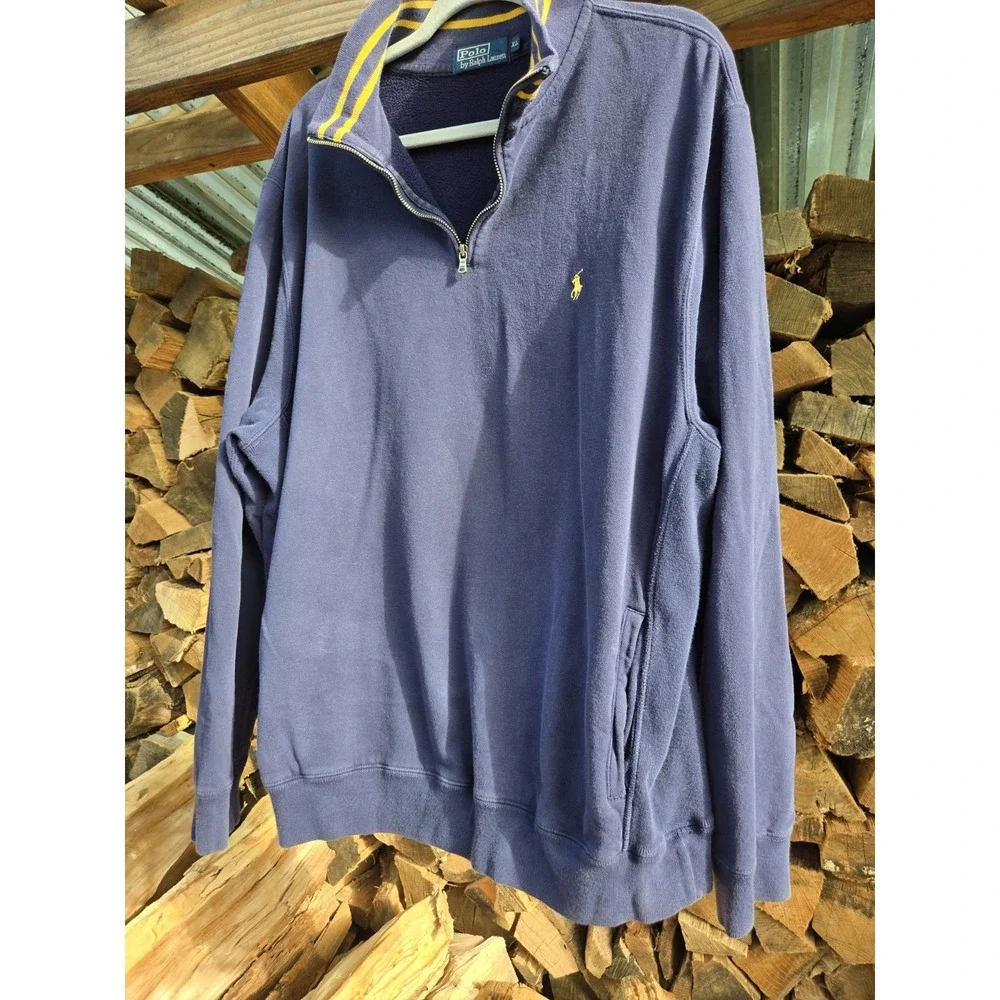 Vintage Polo Ralph Lauren Stripe Collar Quarter Zip Blue Jumper Sweater Men's XL